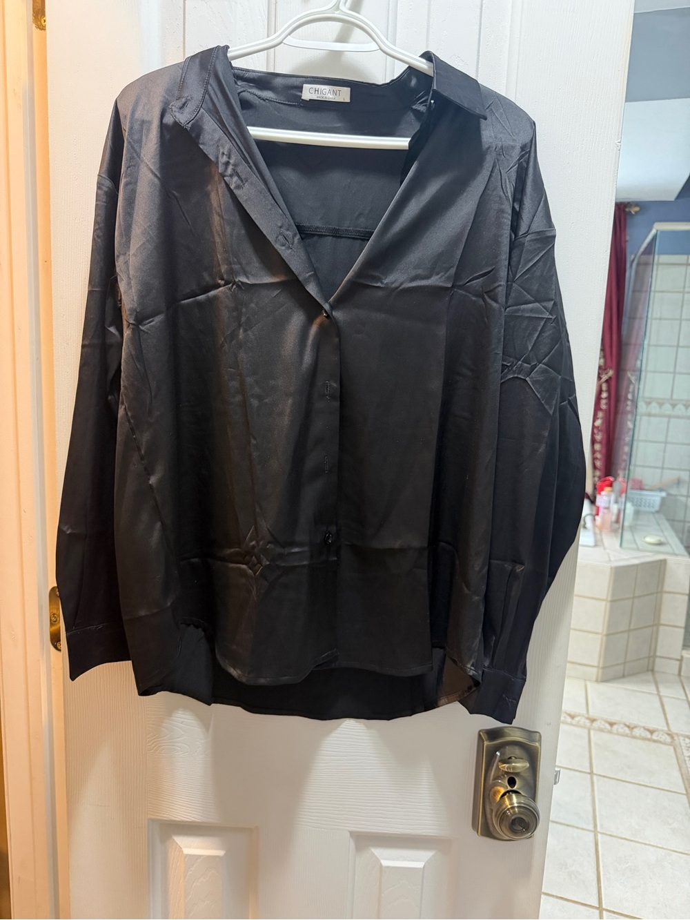 CHICANT Black Satin Button-Up Blouse Blazer